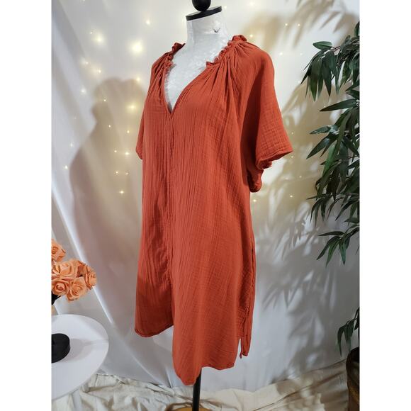 Old Navy Crinkle Gauze Flutter Sleeve Mini Swing Dress 2X Burnt Orange Pockets - Picture 2 of 12